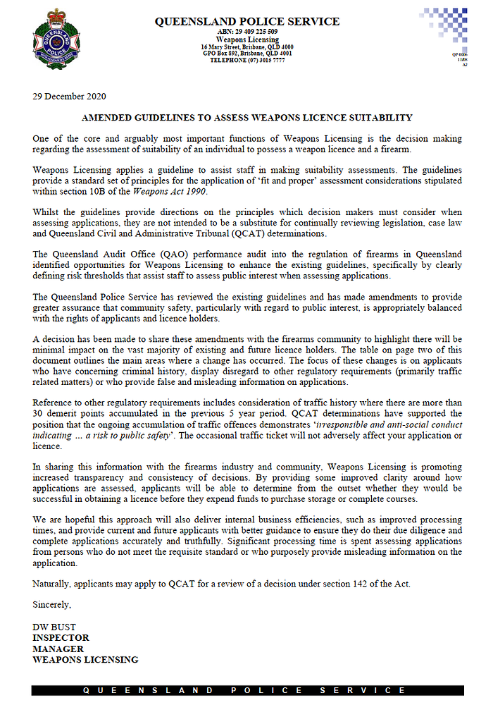 QLD Weapons Licensing release new licence issuing guidelines *IMPORTANT* Shooters Union