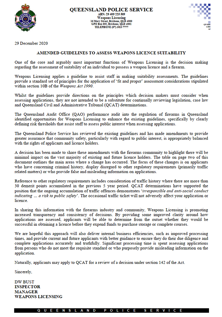 QLD Weapons Licensing release new licence issuing guidelines *IMPORTANT* Shooters Union